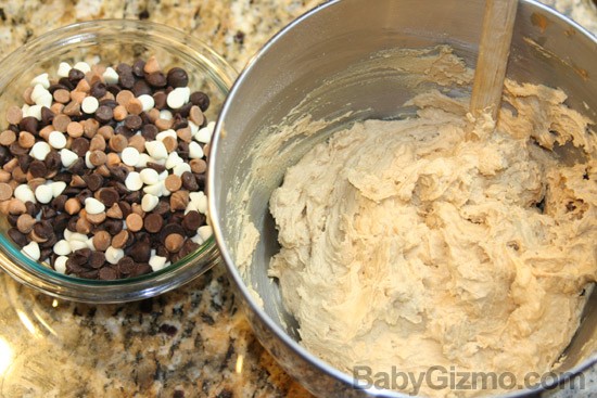 cookie dough with bowl of mixed chocolate chips