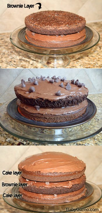 assembling a chocolate and brownie cake