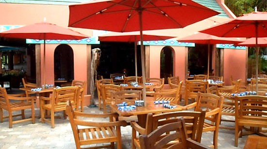 outdoor seating at a beachside restaurant