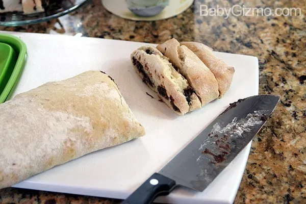 Chocolate Chip Calzone cut into three pieces