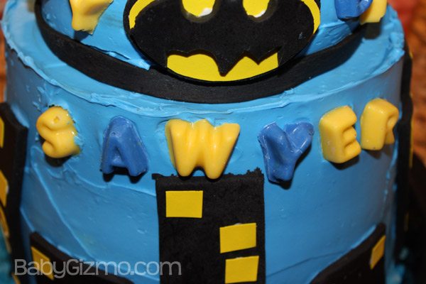 close up of a name on a batman cake