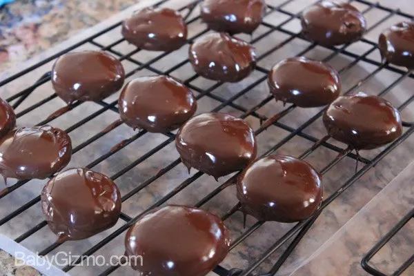 chocolate Tagalong cookies on cooling rack