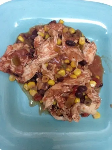 salsa chicken on blue plate