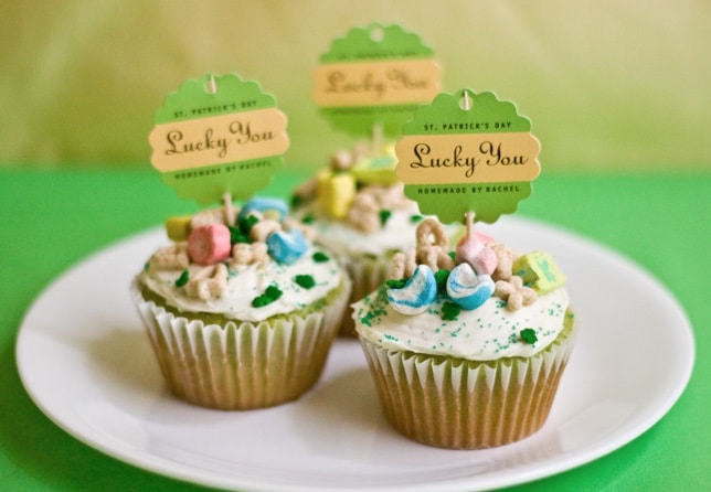lucky charm cupcakes on white plate