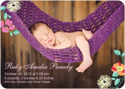 baby in purple hammock announcement