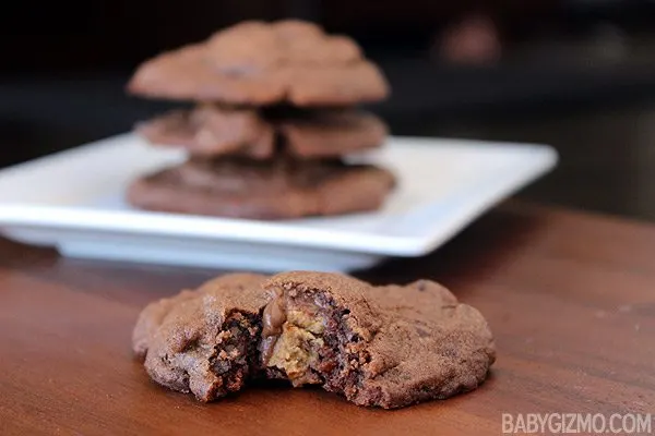 Chocolate Peanut Butter Cookies with stack of cookies