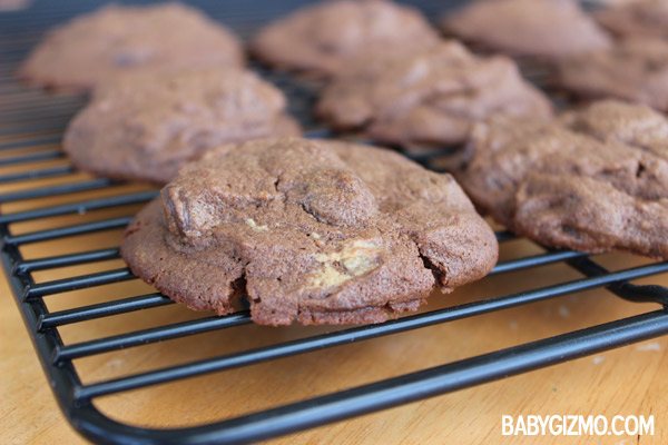 Peanut Butter Chocolate Cookies on a cooling rack