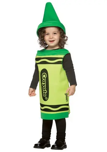 toddler girl dressed as a green crayon