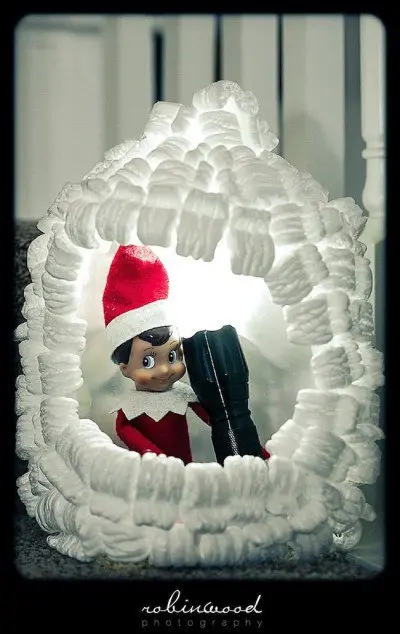 elf on the shelf in an igloo