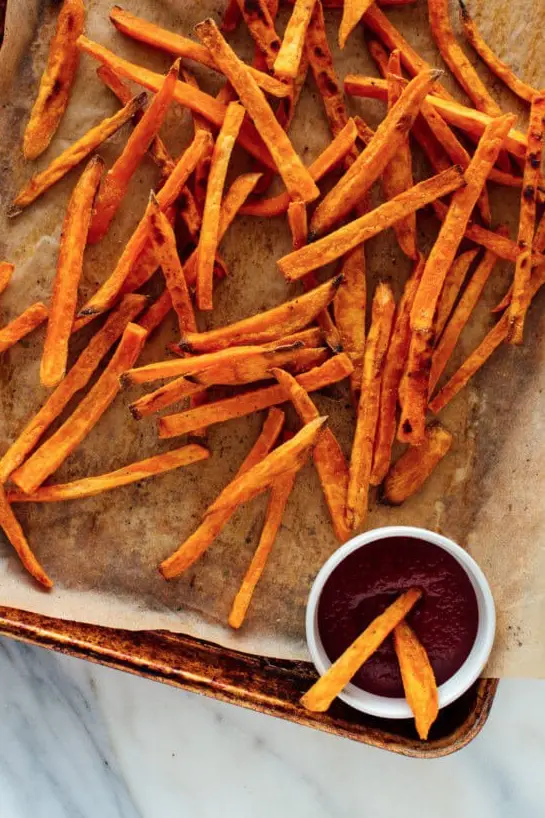 sweet potato fries on baking sheet