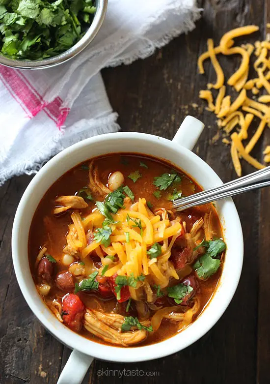 BBQ Chicken Chili in white mug with spoon