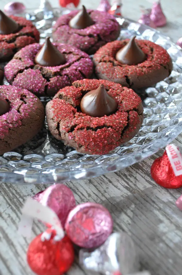 chocolate hershey kiss cookies on glass plate