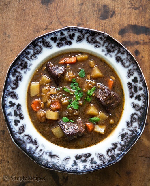 irish beef stew in a decorative bowl