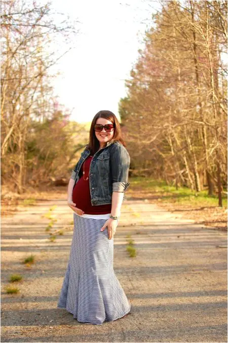 maternity jean jacket and striped skirt