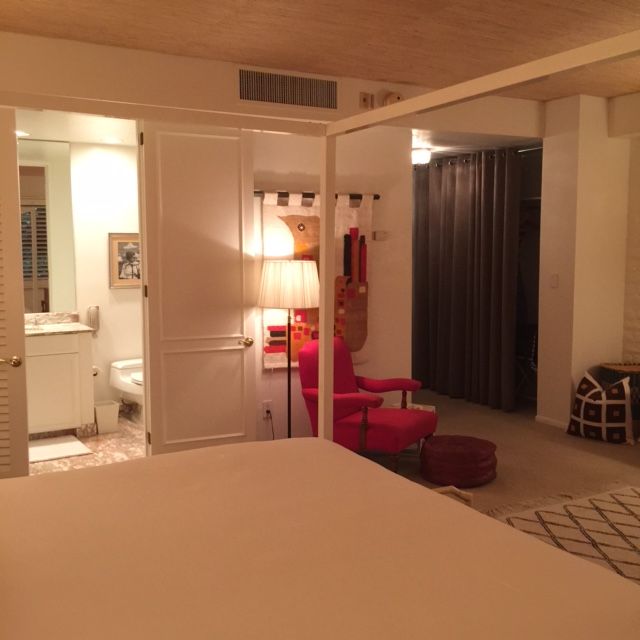 hotel room from bed