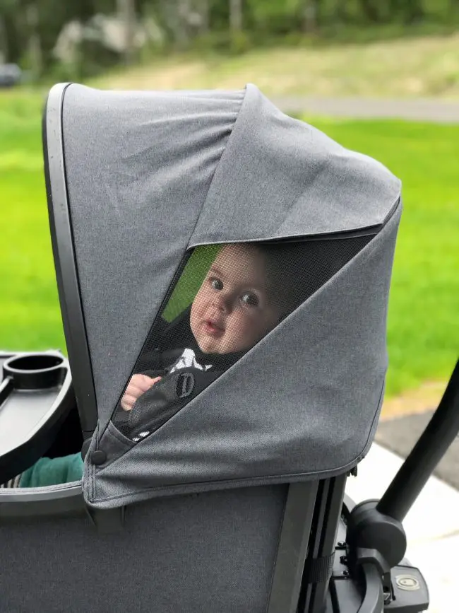 baby under canopy of wagon