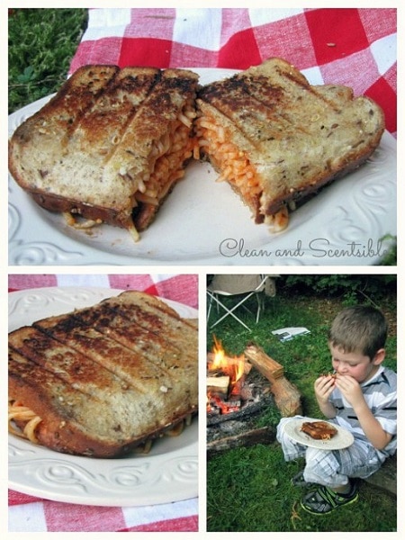 Spaghetti sandwich made in a pie iron.