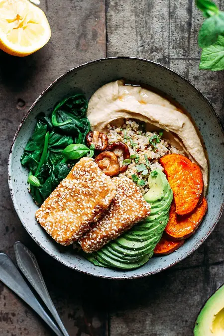 sesame crusted hoisin tofu buddha bowl meal