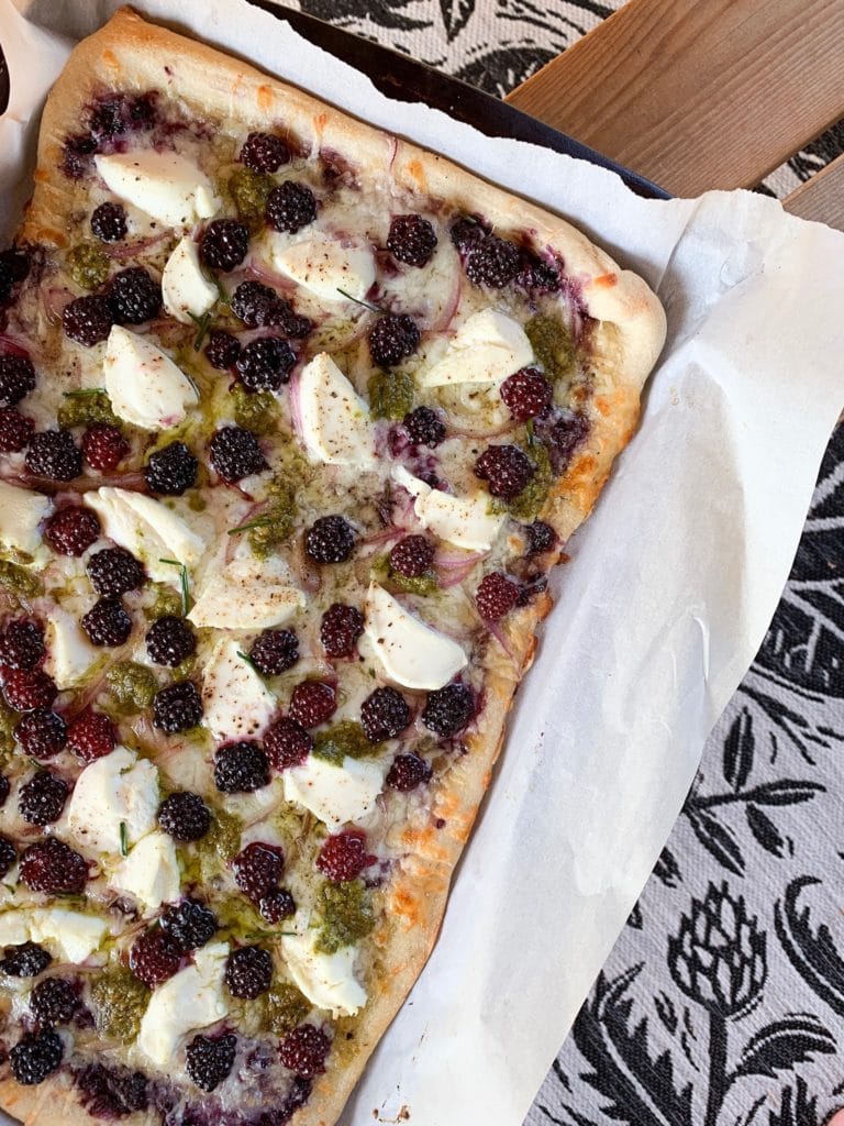 three cheese blackberry pesto pizza