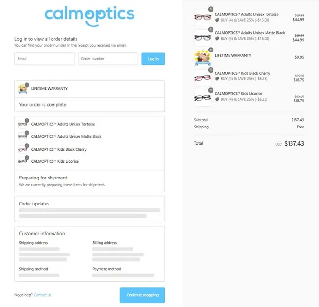 CalmOptics tracking info