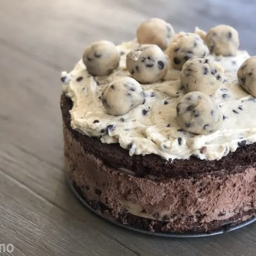 Brownie cookie dough cake on grey table