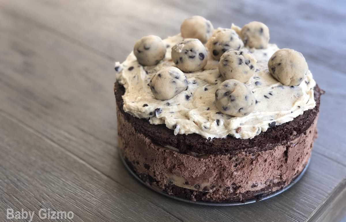 Brownie cookie dough cake on grey table