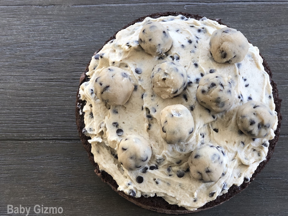 top angle of a cookie dough frosting on a cake