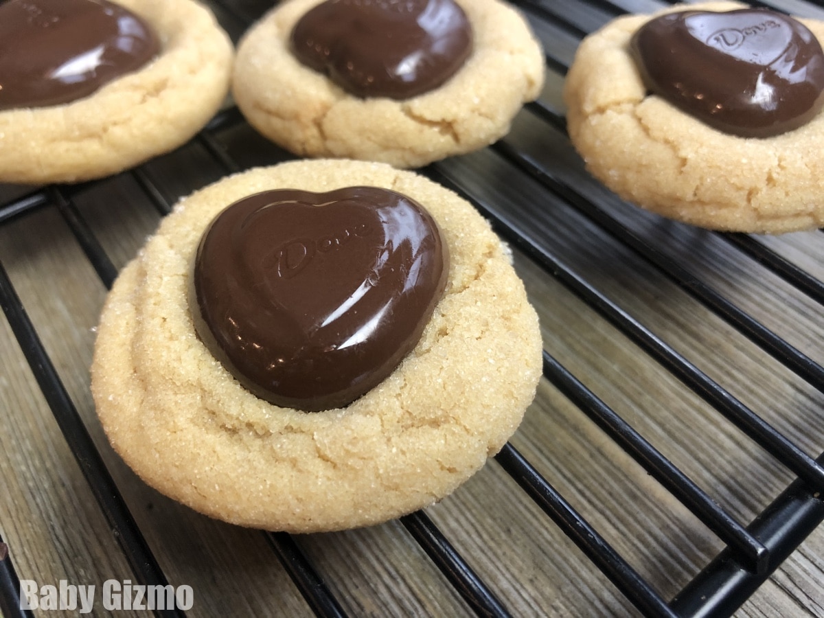 peanut butter heart cookies on cooling rack