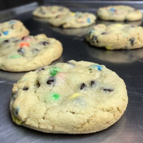 M&M cookies on a baking tray