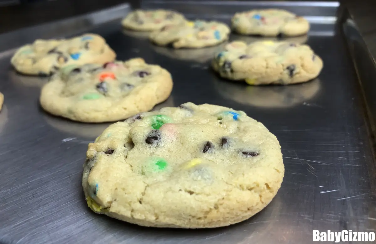 warm cookies on a baking sheet
