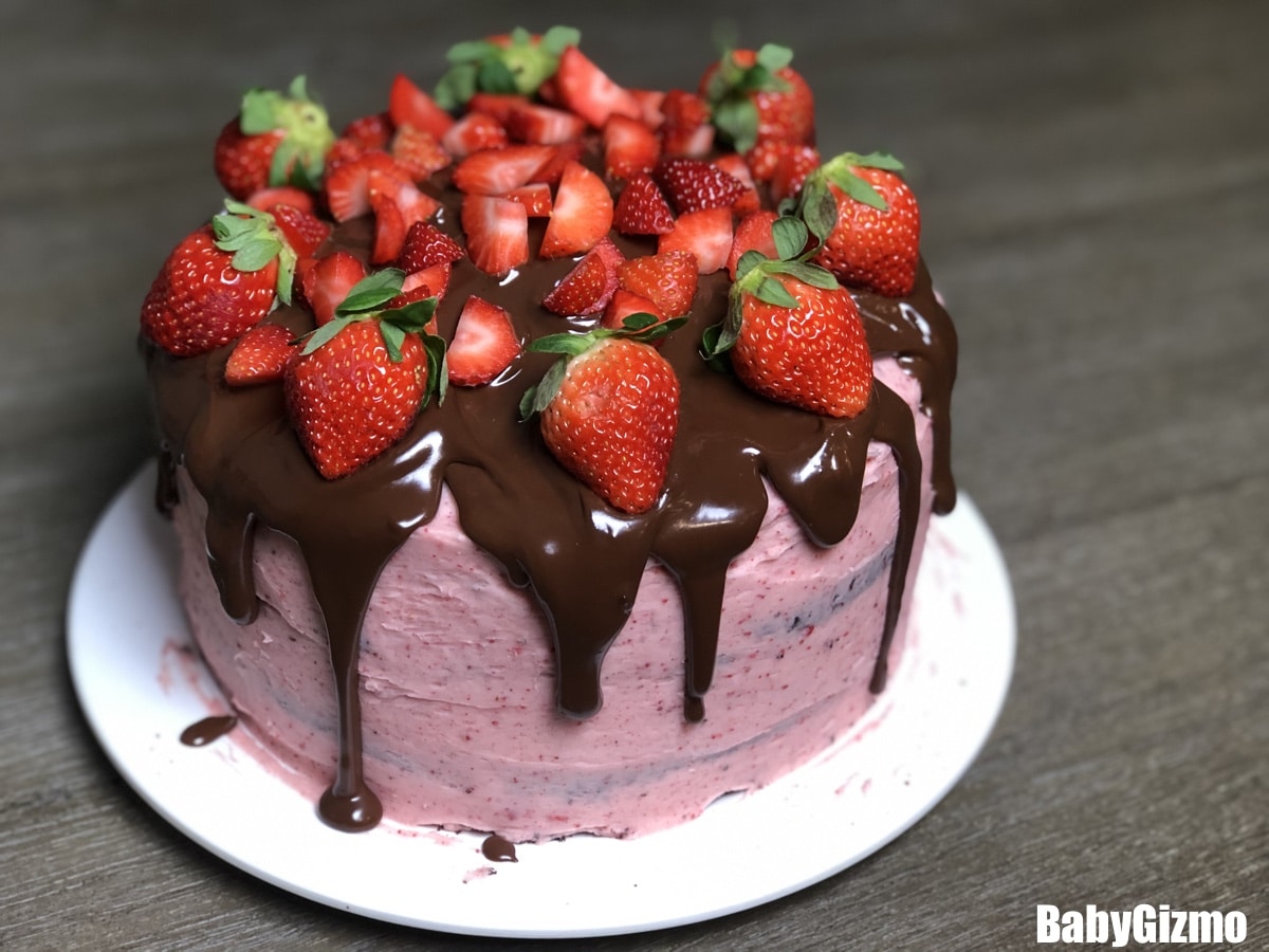 strawberry chocolate cake on white plate