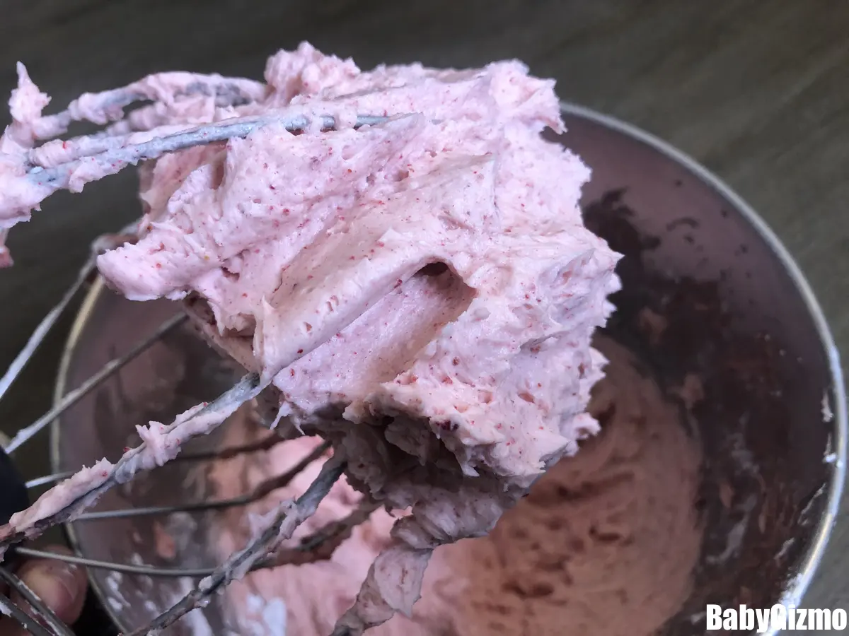 Strawberry Buttercream in metal mixing bowl