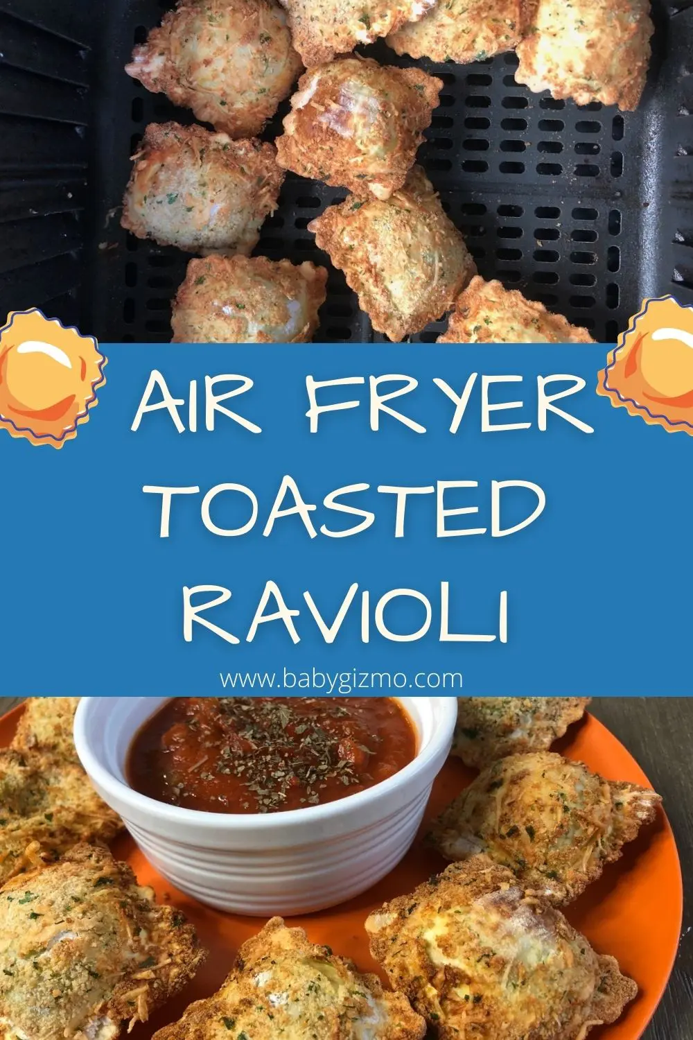 AIR FRYER TOASTED RAVIOLI ON PLATE AND IN AIR FRYER