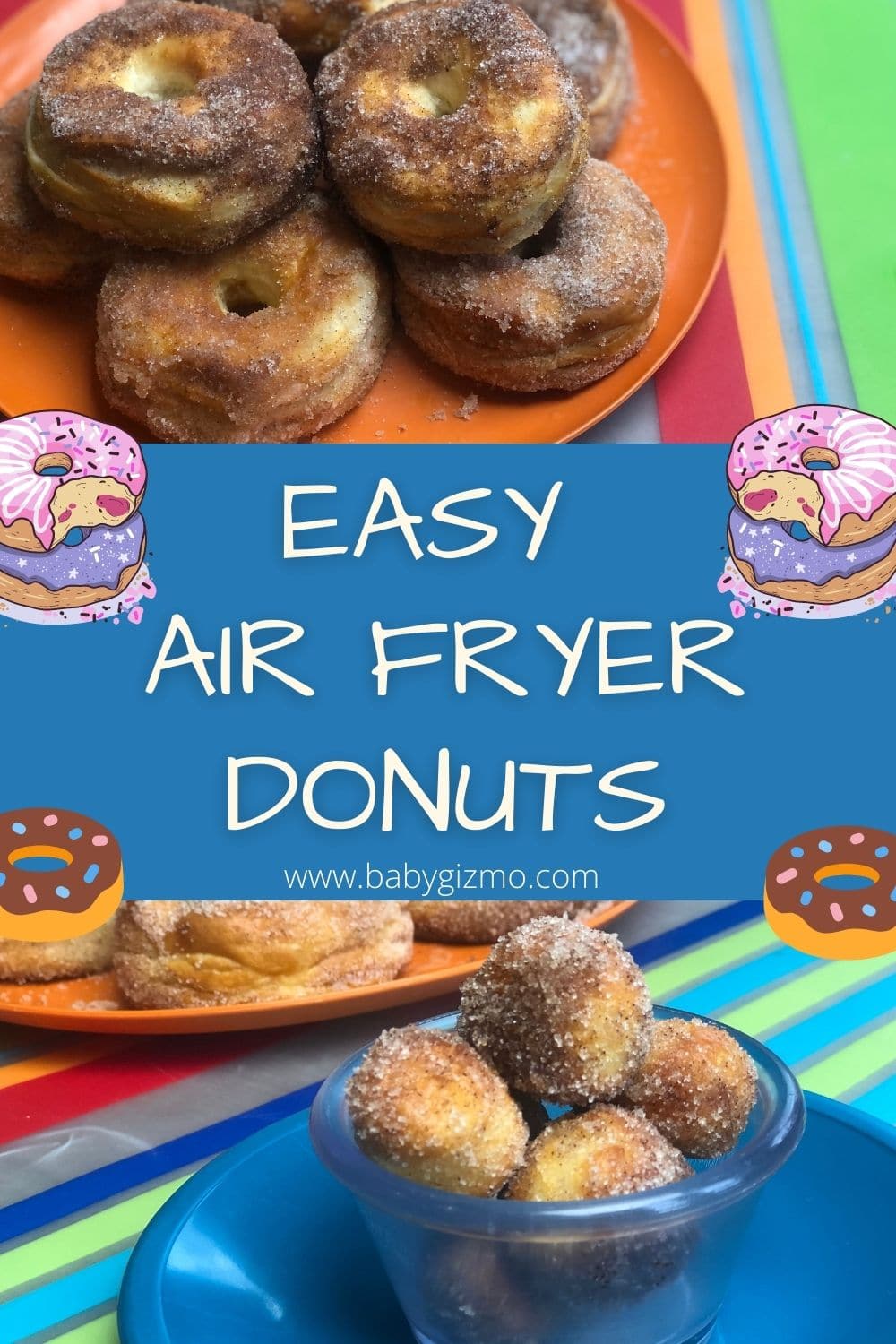 Air fryer donuts on striped mat
