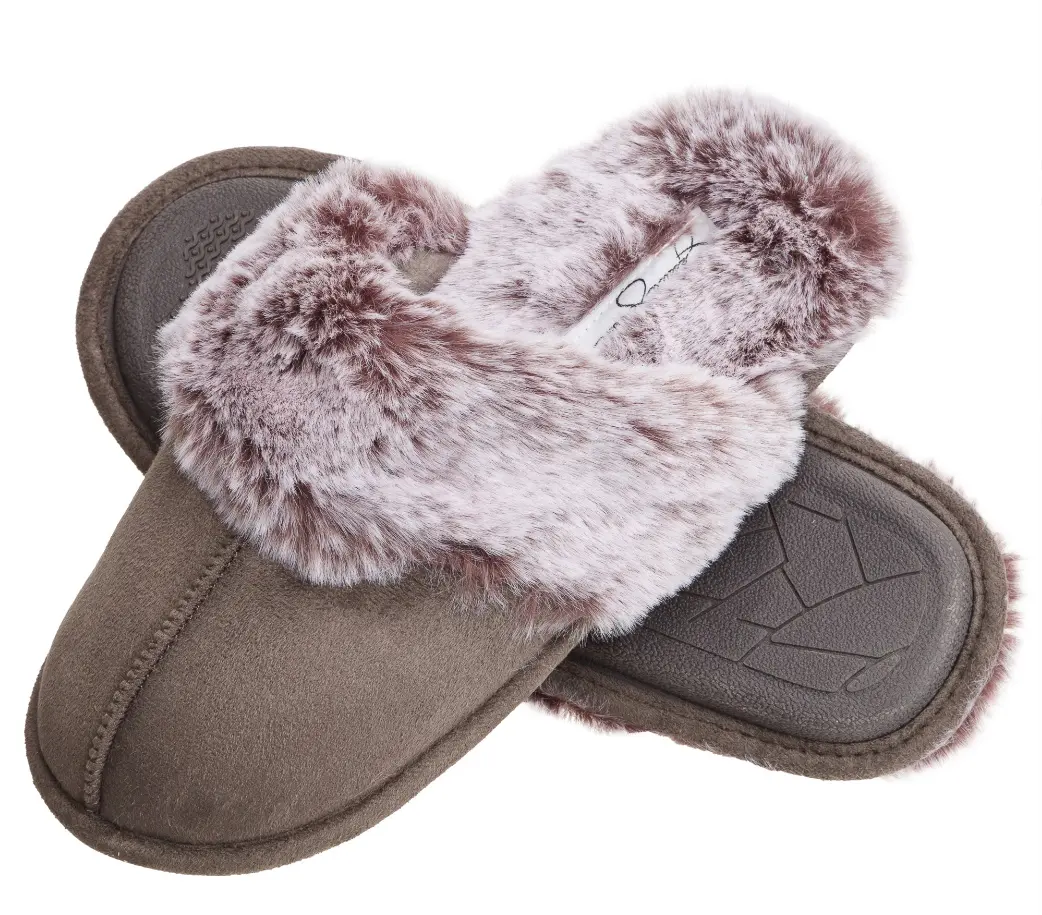 grey fuzzy slippers on white background