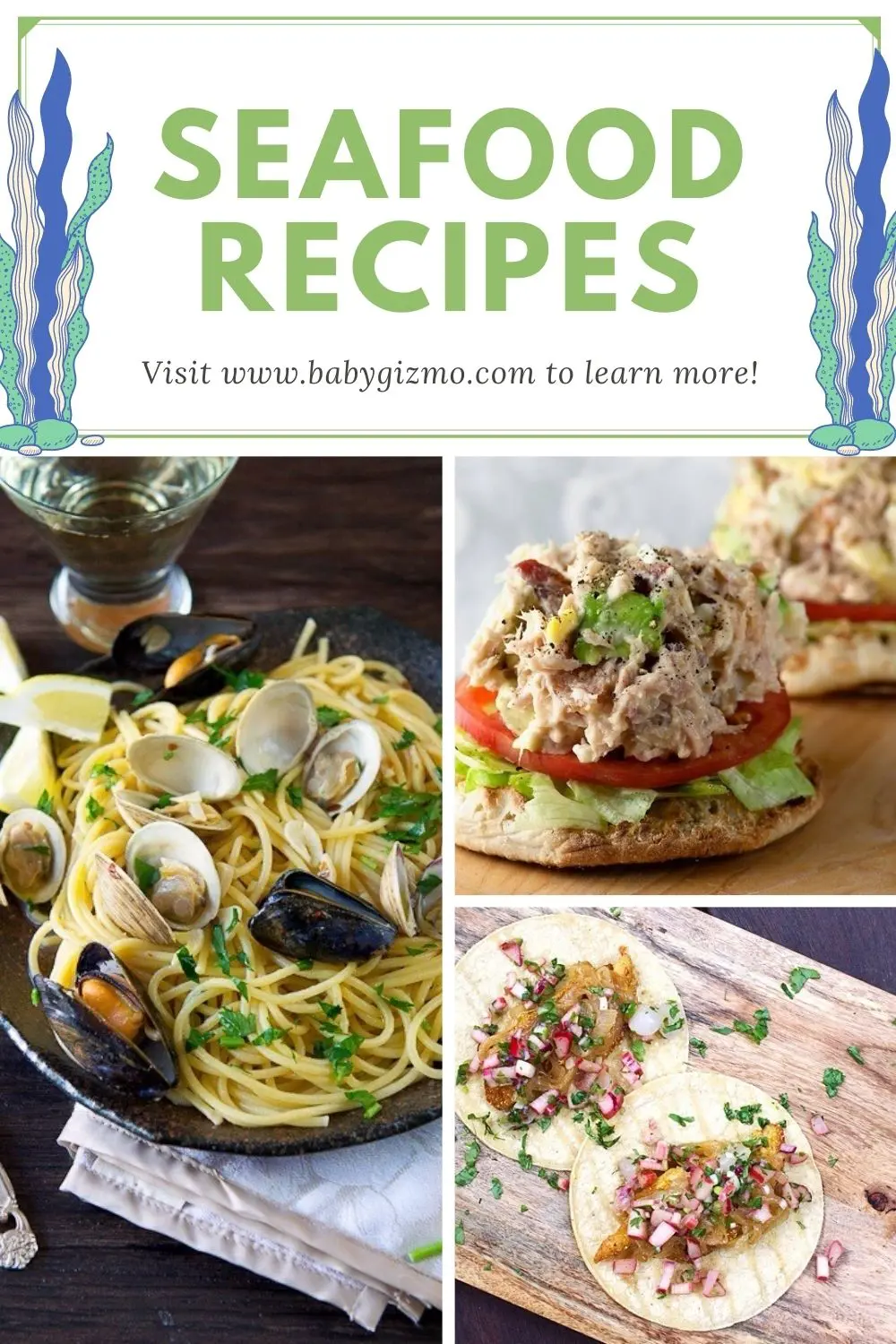 collage of three seafood recipes