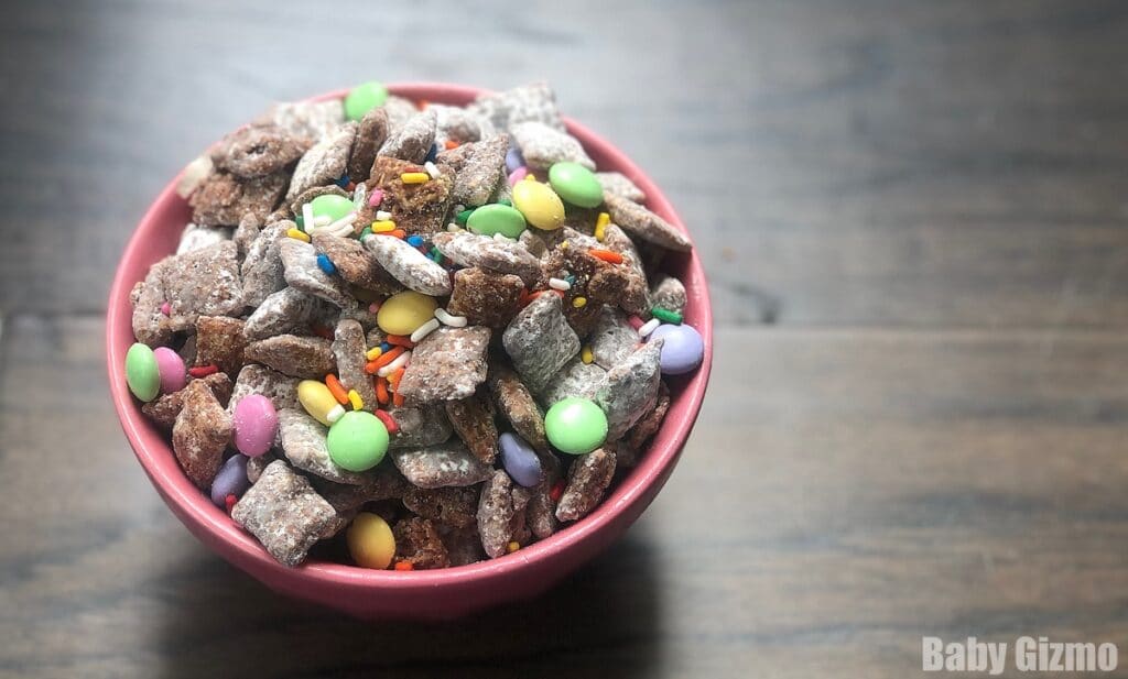 Spring Puppy Chow in pink bowl