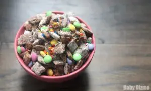 Spring Puppy Chow in pink bowl