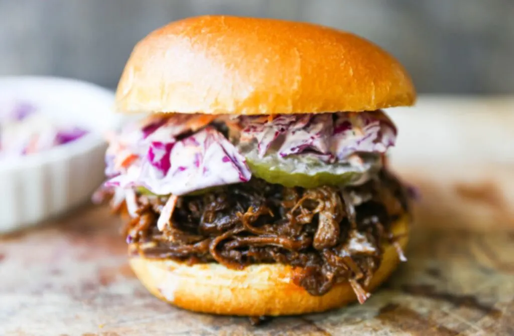 BBQ Beef Sandwich with slaw and pickles