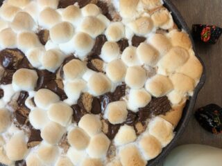 smores cookie dessert in a cast iron skillet