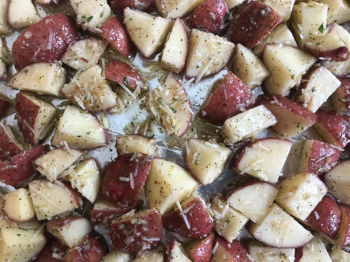 roasted red potatoes on a baking sheet