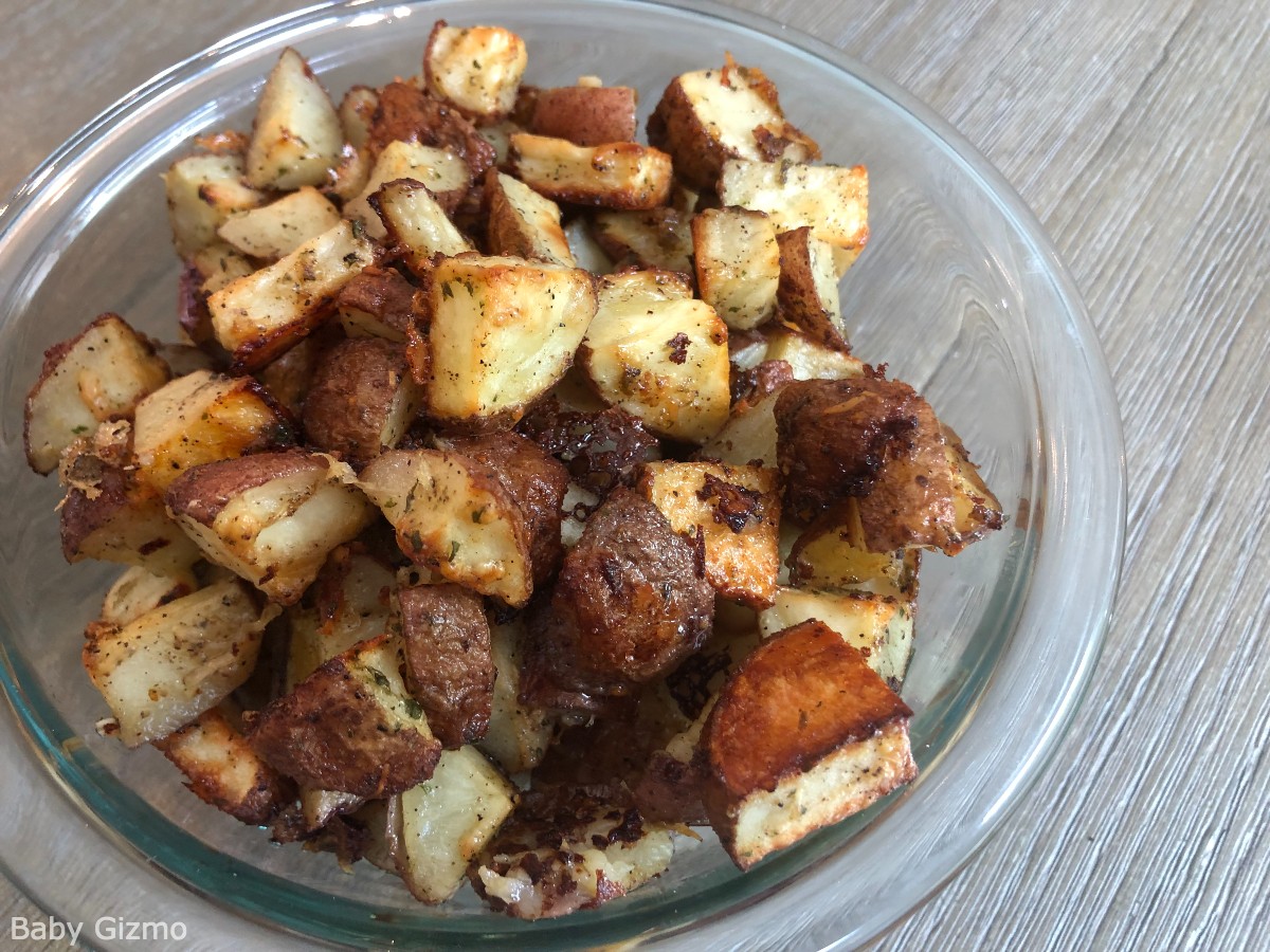 roasted potatoes in a glass bowl