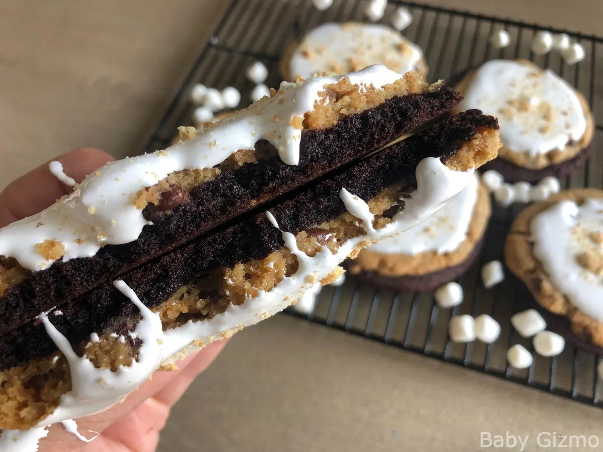 S'mores Brownie Cookies cut in half