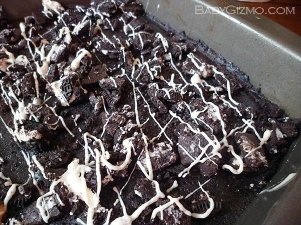 Oreo Truffle Brownies in a silver tray 