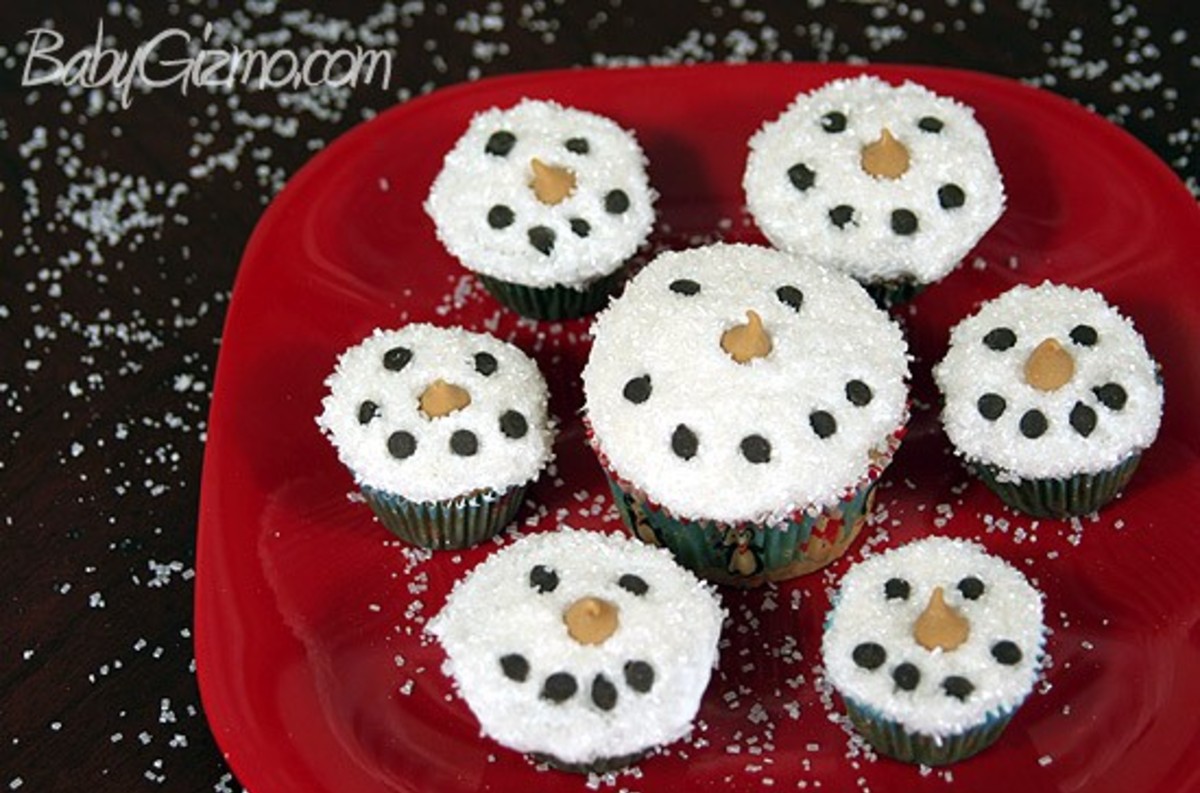 snowman cupcakes on a red plate 