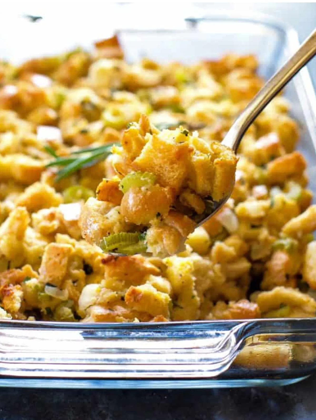 Thanksgiving Stuffing in glass dish