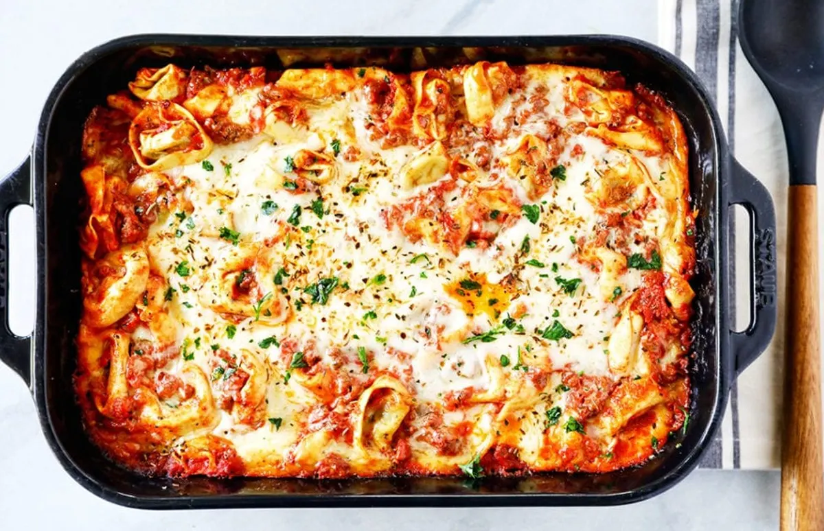 Cheesy Tortellini Casserole in pan