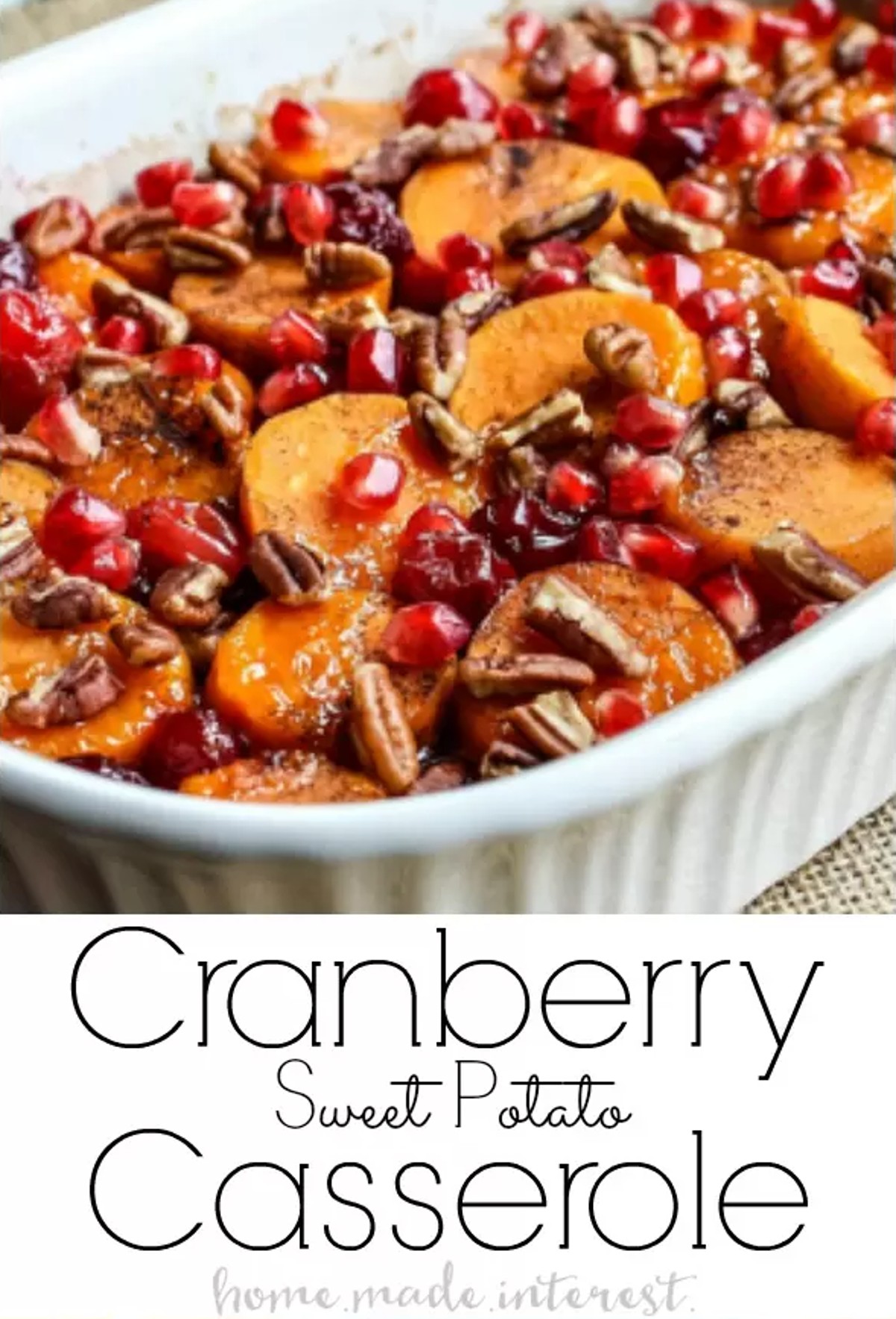 cranberry sweet potato casserole in white dish