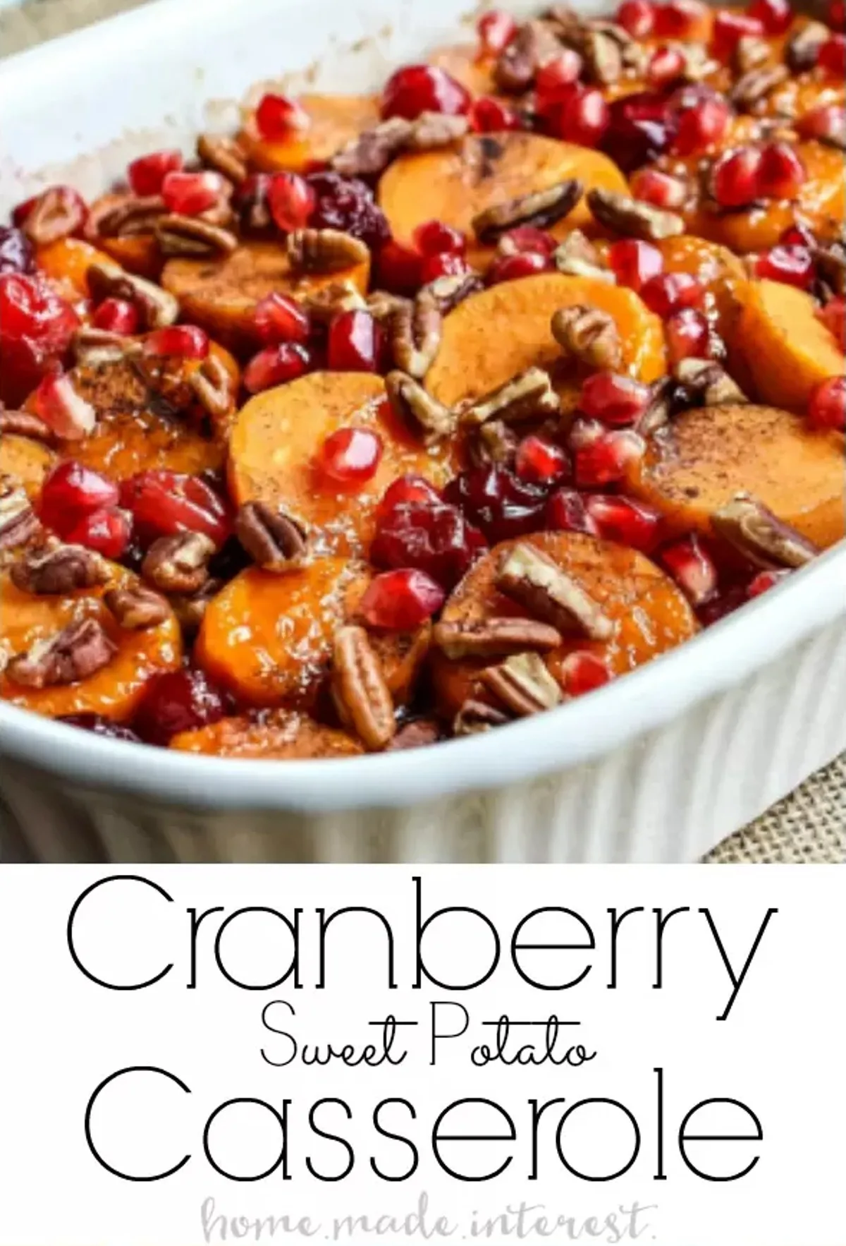 cranberry sweet potato casserole in white dish