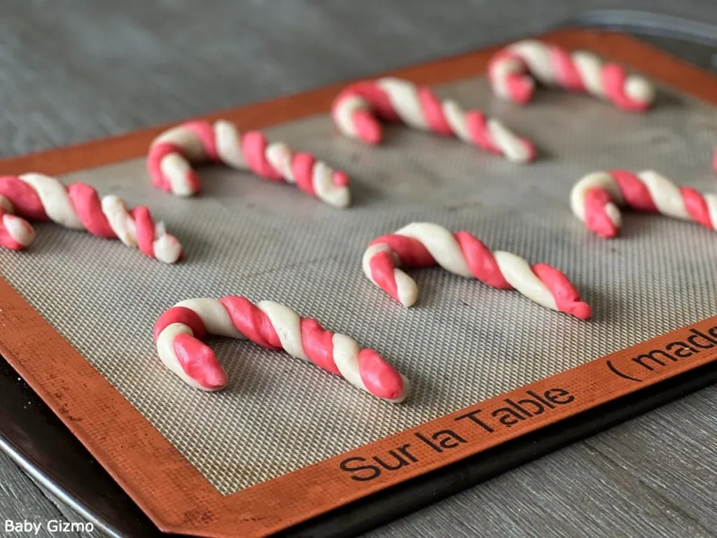 Candy Cane Cookies on Baking Sheet